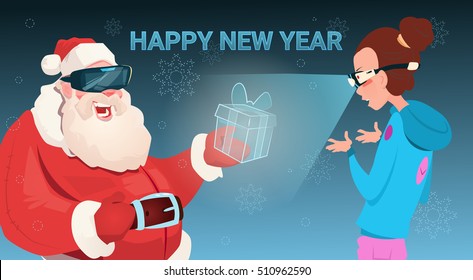 Santa Claus Wear Digital Glasses Give Woman Virtual Reality Present Merry Christmas Happy New Year Flat Vector Illustration
