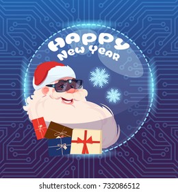 Santa Claus Wear Digital Glasses Virtual Reality Concept Merry Christmas And Happy New Year Greeting Card Flat Vector Illustration