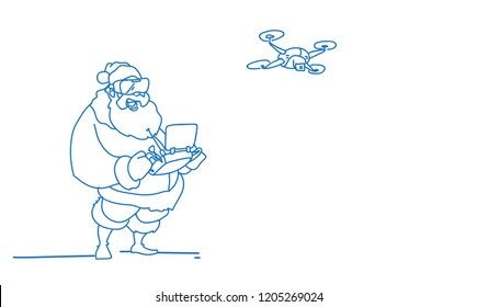 Santa Claus wear virtual reality digital glasses headset drone flying sketch doodle horizontal full length vector illustration