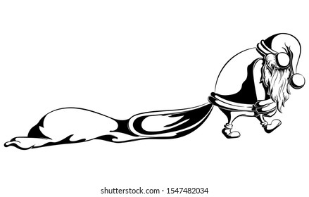 Santa Claus wearily drags a bag of gifts after the holidays in black and white style