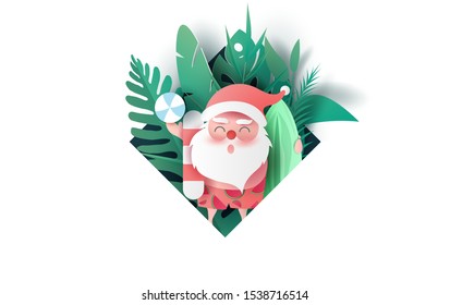 Santa Claus Wearing Beach Suit With Tropical Leaves And Nature Plants.Paper Cut And Craft Frame Hawaiian Style Summertime Space For Text.Summer Christmas Season Background.vector Illustration.