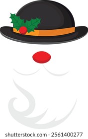 Santa Claus is wearing a bowler hat decorated with holly leaves and berries, showing his red nose and white beard, bringing a touch of vintage style to Christmas celebrations