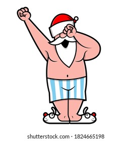 Santa claus vistiendo gorras de santa y calzoncillos se despierta por la mañana, estirándose, manoseando sus ojos y bostezando, es navidad de nuevo, mejor para pegatinas o decoración con temas de navidad, Vector