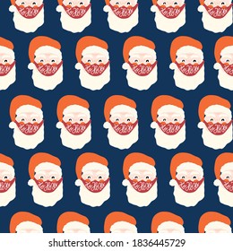 Santa Claus wearing face mask against coronavirus seamless vector pattern. Repeating Christmas 2020 background. Christmas during pandemic hand drawn illustration. Holiday design Ho ho ho lettering.