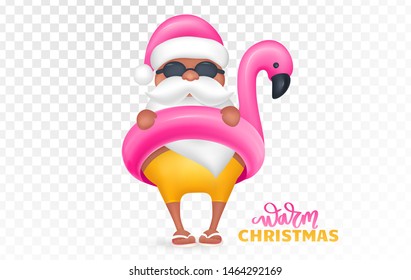 Santa Claus wearing flamingo swim ring. Tropical Christmas. Vector illustration. Tropical Christmas and Happy New Year in a warm climate design. Summer Santa.