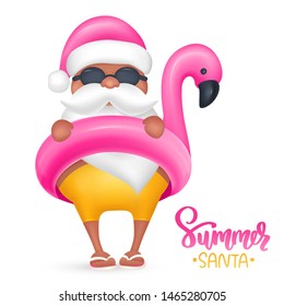 Santa Claus wearing flamingo swim ring. Tropical Christmas. Vector illustration. Tropical Christmas and Happy New Year in a warm climate design. Summer Santa.