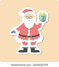 Santa claus wearing glasses holding a gift with a yellow ribbon surrounded by snowflakes
