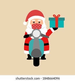 Santa Claus wearing medical face mask riding motorbike and holding gift in flat design. Merry Christmas concept vector illustration. Xmas holiday celebration.
