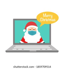Santa Claus wearing medical face mask in laptop computer screen. Merry Christmas online in covid19 Coronavirus outbreak concept vector illustration. Xmas holiday celebration.	
