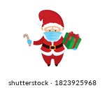 Santa Claus wearing medical mask on face to prevent Covid-19 icon vector. Santa Claus with protective mask holding gift box cartoon character. Santa with coronavirus mask icon. COVID-19 Christmas icon