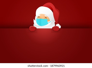 Santa Claus and wearing medical mask holding banners, billboards, Christmas during Covid-19 isolate on red  background graphic resources  for web, promote , sales New  Year, vector 