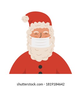 Santa Claus wearing protective face mask against coronavirus isolated on white background. Christmas during pandemia. Xmas celebration concept. New Year 2021 party. Vector illustration.