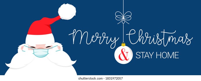 Santa Claus wearing a protective face mask against coronavirus. Christmas during pandemia. Holiday greeting card with caption Merry and Safe. Xmas celebration. New Year 2021. Vector illustration