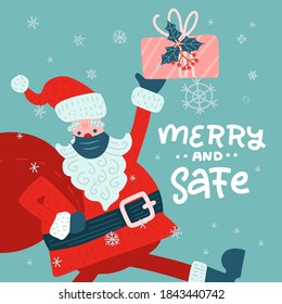 Santa Claus lleva una máscara protectora contra el coronavirus. Feliz Navidad 2020 durante pandemia. Tarjeta de saludo de vacaciones. Celebración de Navidad. Año Nuevo 2021. Ilustración plana vectorial. Cereza y seguridad