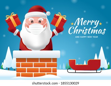 Santa Claus wearing a protective face mask coming Chimney on the roof,to give children a gift with snowing, Merry Christmas and Happy New Year
on blue background