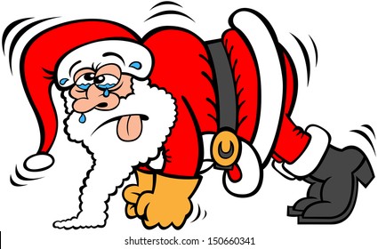 Santa Claus wearing red Christmas costume, looking tearful and very tired while sweating, sticking his tongue out and making a great effort to do his push-ups workout