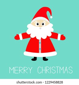 Santa Claus wearing red hat, costume, big beard. Cute cartoon kawaii funny character with open hand. Merry Christmas. New Year. Baby collection. Isolated. Greeting card. Blue background. Vector