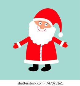 Santa Claus wearing red hat, costume, big beard. Cute cartoon kawaii funny character with open hand. Merry Christmas. Blue background. Isolated. Greeting card. Vector illustration