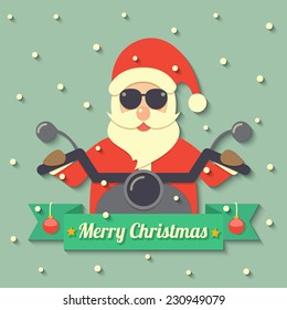 Santa Claus wearing sunglasses and riding motorcycle within Merry Christmas ribbon badge on snow background. vector.