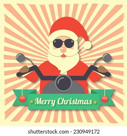Santa Claus wearing sunglasses and riding motorcycle within Merry Christmas ribbon badge on starburst background. vector.