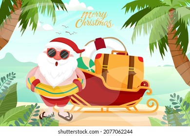 Santa Claus wearing swim ring. Summer Santa Claus with luggage and swim ring on sleigh he has a rest on beach tropical ocean background. warm climate holiday vacation theme. Banner vector flat design