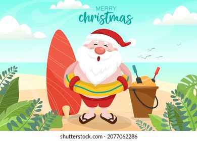 Santa Claus usando anillo de natación. Verano Santa Claus con tablas de surf, tiene un descanso en la playa de fondo tropical del océano. temática de vacaciones de clima cálido. Diseño plano de ilustración vectorial de banderas