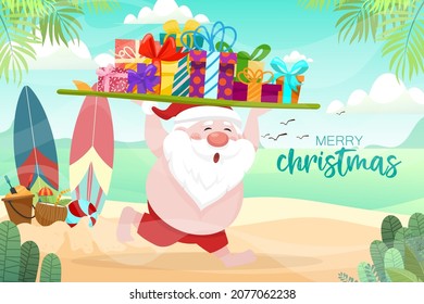 Santa Claus wearing swim suit and carrying a surfboard with gift boxes running on the beach. Summer Santa Claus with surfboard he has a rest on beach tropical ocean background. holiday vacation theme.