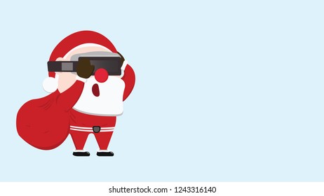  Santa  claus wearing virtual reality headset Future world and carrying a red gift bag .Vector illustration
