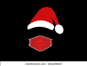 Santa Claus wears a medical mask and a red hat. Merry Christmas, Santa logo design for coronavirus protection, caution covid 19 wear surgical mask, vector isolated on black background 