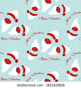 Santa Claus wears red surgical mask with hat and white beard, coronavirus protection concept seamless texture pattern, Merry Christmas pattern isolated on light blue background