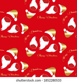 Santa Claus wears surgical mask with gold hat and white beard, coronavirus protection concept, seamless texture pattern, golden Merry Christmas paper cartoon isolated on red background