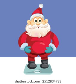 
Santa Claus Weighing Himself on a Body Scale Vector Cartoon. Funny overweight Santa feeling worried about overeating during holidays 
