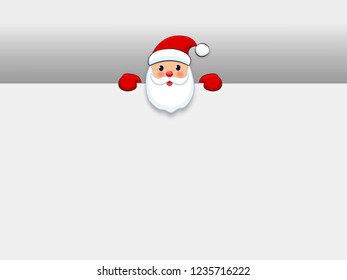 Santa Claus welcome with big signboard. Santa Frost holding empty sign. Place for text. Xmas greeting card, Christmas invitation, advertisement banner. Paper cut white background  Vector illustration.