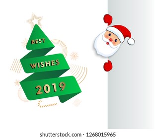 Santa Claus welcome with big signboard. Santa Frost holding empty sign. Place for text. Christmas tree in origami style. Best wishes 2019, New year Memphis banner. Xmas Paper cut white background. 