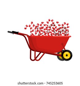 Santa Claus Wheelbarrow and peppermint lollipop. Xmas mint stick in grounds trolley. Christmas and new year. Vector illustration 