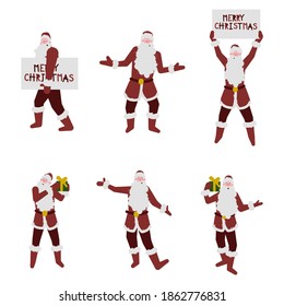Santa Claus with White Beard Holding Placard and Wrapped Gift Box Posing Vector Set. Merry Christmas Congratulation and Holiday Celebration