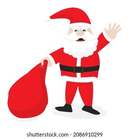 Santa Claus with white beard, mustache and sack full of gifts. Merry christmas. Isolated cartoon vector illustration.	