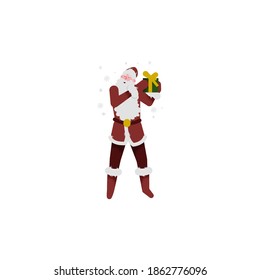Santa Claus with White Beard and Red Coat Holding Wrapped Gift Box Vector Illustration. Merry Christmas Character and Winter Holiday Celebration