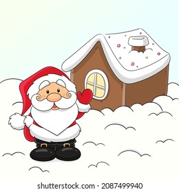 Santa Claus with a white beard in a red hat with a pompom, black boots and a red jacket is standing near his house and cheerfully waving his hand. santa claus. Youlupukki. St. Nicholas. Vector