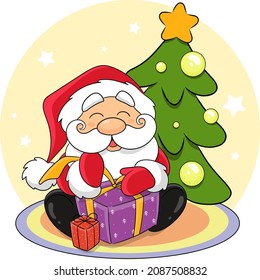 Santa Claus with a white beard in a red hat with a pompom, black boots and a red jacket sits near the Christmas tree and opens gifts. santa claus. Youlupukki. St. Nicholas Merry New Year and Christmas