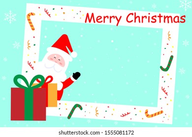 Santa Claus in white frame with gift boxes and Merry Christmas wording on snow background.Merry Christmas concept.Vector and Illustration.