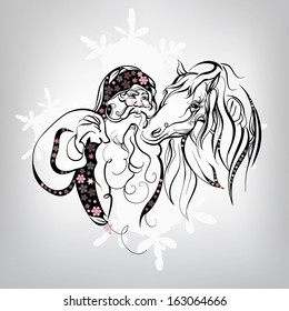 Santa Claus and a white horse. Vector illustration