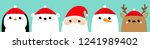 Santa Claus White polar bear Snowman Raindeer Deer Penguin bird face icon set. Merry Christmas. New Year. Cute cartoon funny kawaii baby character. Greeting card. Flat design Blue background. Vector