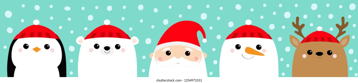 Santa Claus White polar bear Snowman Raindeer Deer Penguin bird face icon set. Merry Christmas. New Year. Cute cartoon funny kawaii baby character. Flat design Blue snow background Vector illustration