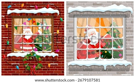 Santa claus in a window, christmas tree with garland, winter holiday illustration for new year concept.