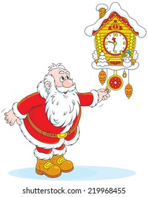 Santa Claus winds a cuckoo-clock