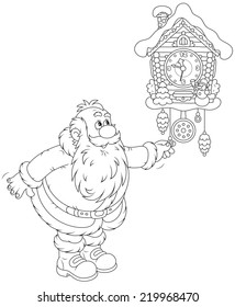 Santa Claus winds a cuckoo-clock