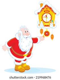 Santa Claus winds his cuckoo-clock