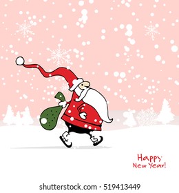 Santa Claus in winter forest. Christmas card. Vector illustration