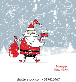 Santa Claus in winter forest. Christmas card. Vector illustration